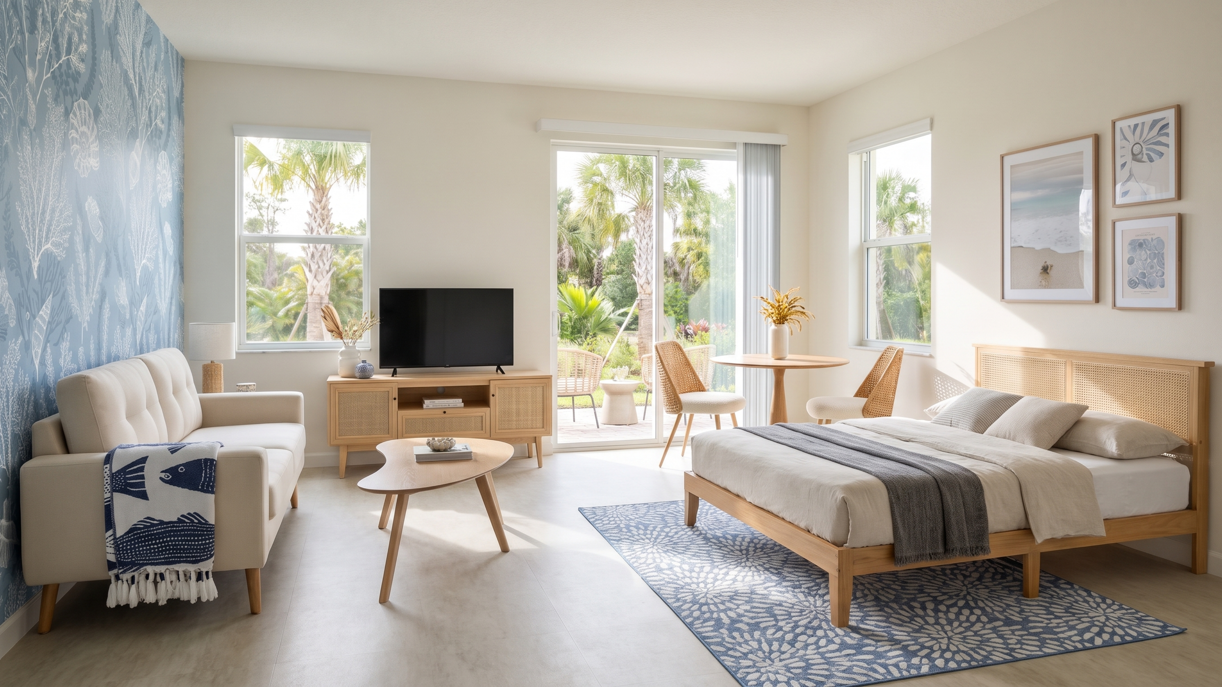 Bright bedroom with a large bed, a small dining table with chairs, a sofa, a TV on a wooden stand, and large windows showing palm trees outside. Decor includes framed art and a blue patterned accent wall.