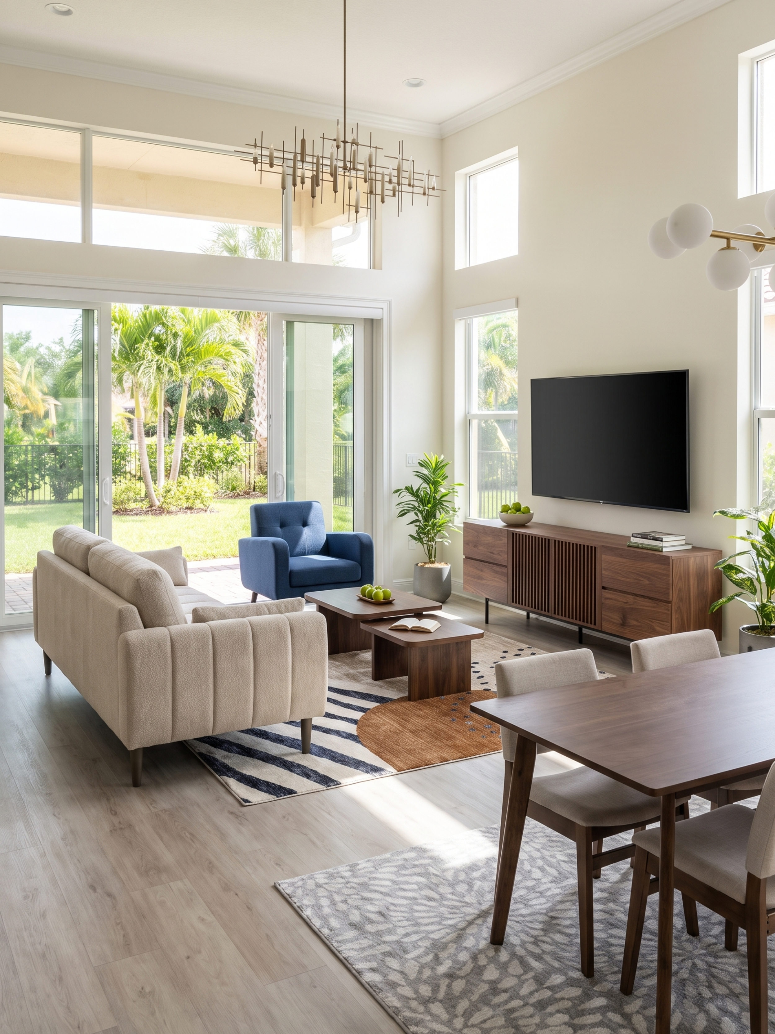 A living room with sliding glass doors, a beige sofa, a blue armchair, a wooden coffee table, a large flat-screen TV on a wooden console, and large windows letting in natural light. There are green plants and a patterned rug.