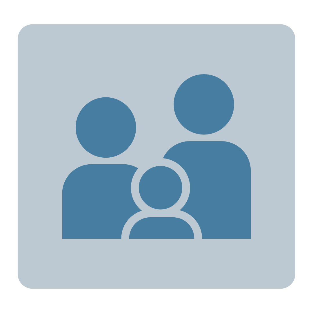Icon representing a group of three people, two larger figures and one smaller figure, on a light blue background.