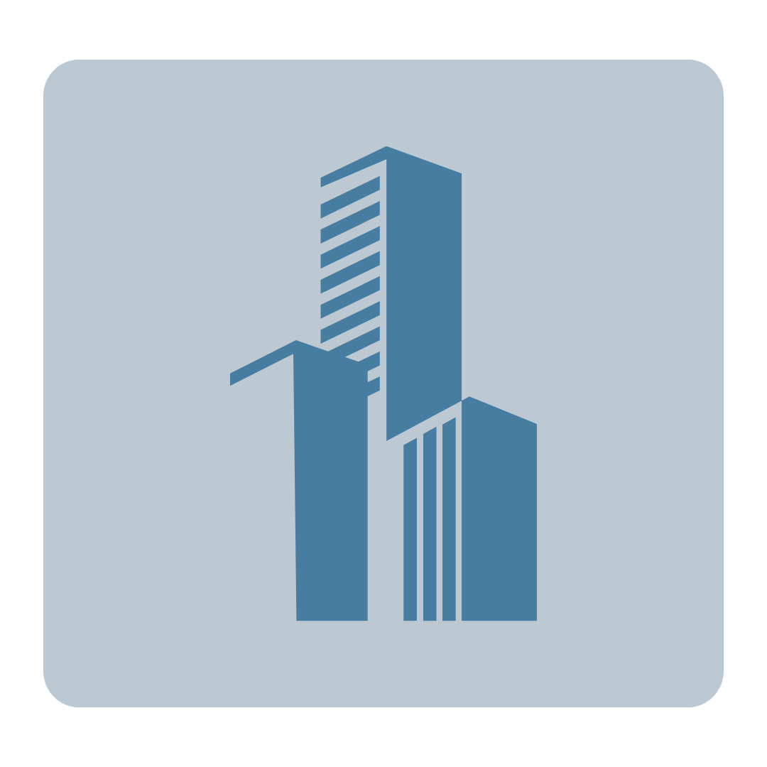 Graphic illustration of a city skyline with three tall buildings of different heights and designs.