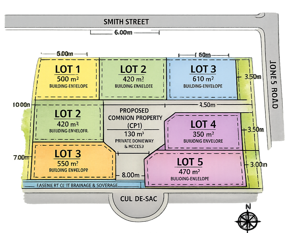 Subdivision plan showing lots, roads and easements