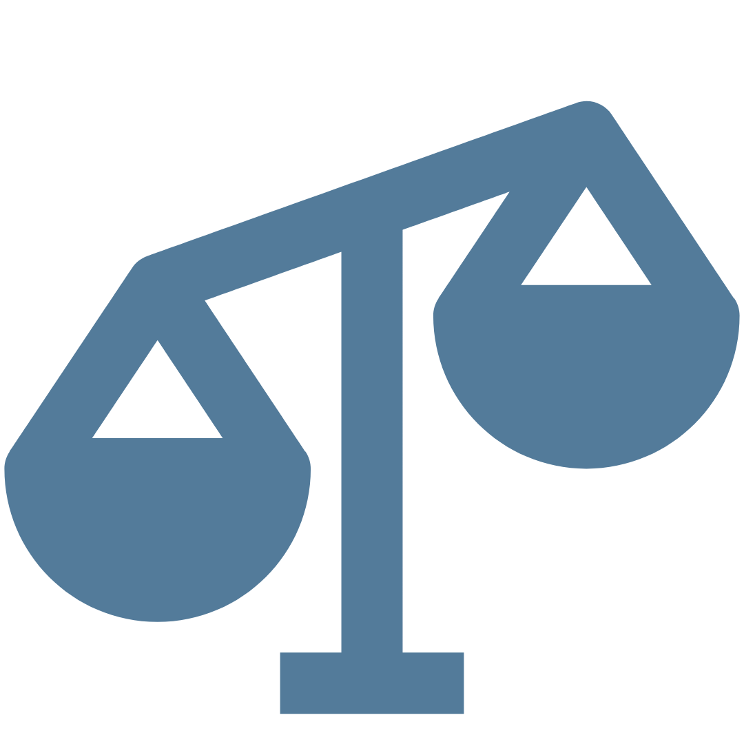 Blue illustration of a balance scale with two circular pans hanging from a central beam.