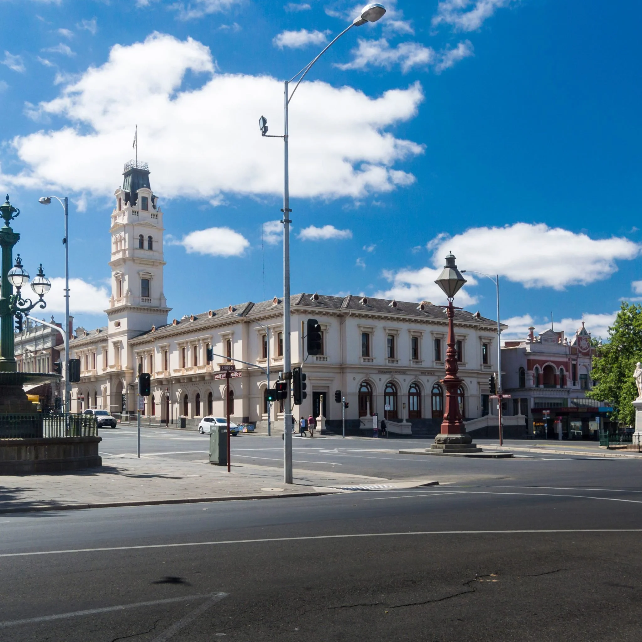 Ballarat streetscape with a historic clock tower