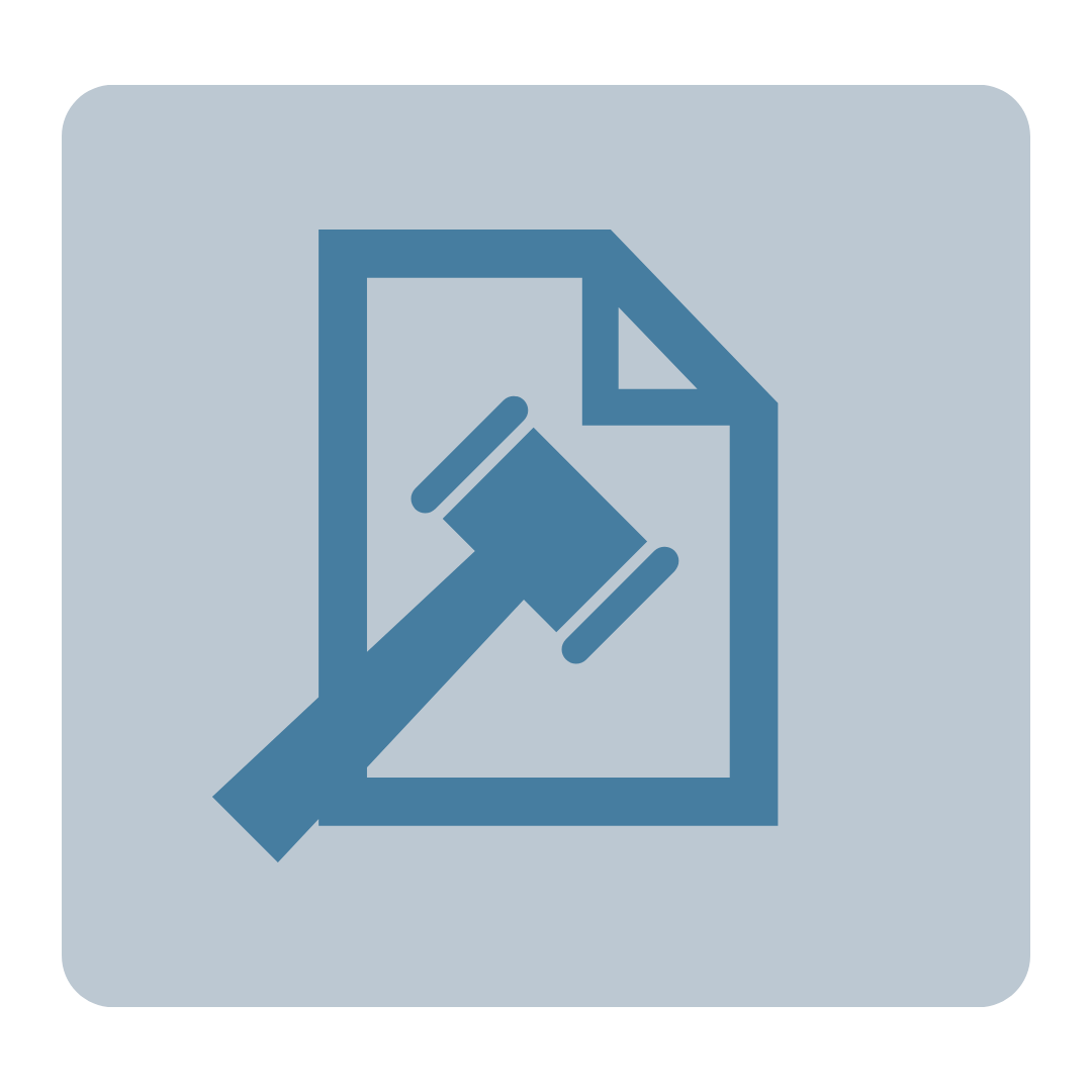 Icon of a document with a gavel, representing legal or judicial actions.