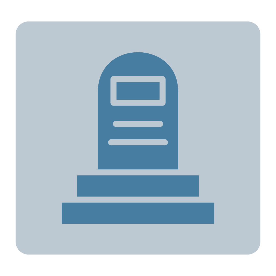 Icon of a gravestone or monument with a rectangular plaque and three horizontal lines, on a light blue background.