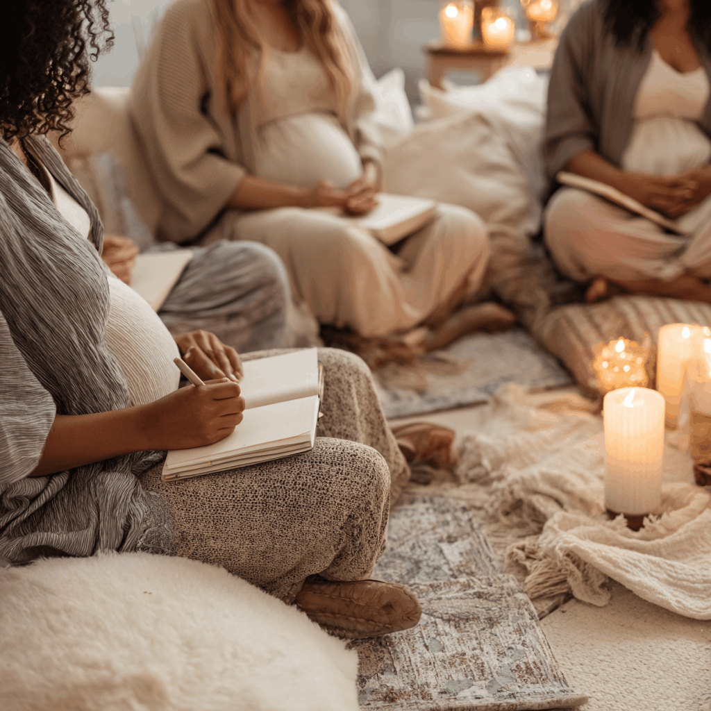 Group of pregnant women sitting on the floor in a circle, writing in notebooks, with candles and soft lighting creating a cozy atmosphere at Rede Pregnancy Circle in Holm Collective, Lacombe AB.