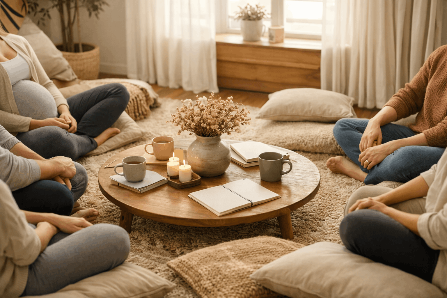 Group of people sitting cross-legged around a low wooden table on a cozy rug, having a discussion or meeting in a warmly lit living room with large windows, curtains, and decorative pillows.