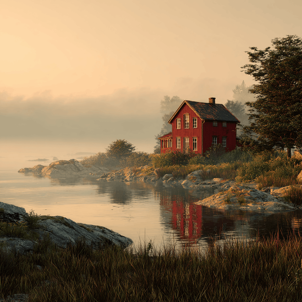 A red wooden house sits by a calm river with rocks and grass in the foreground, surrounded by trees with a misty sky in the background.