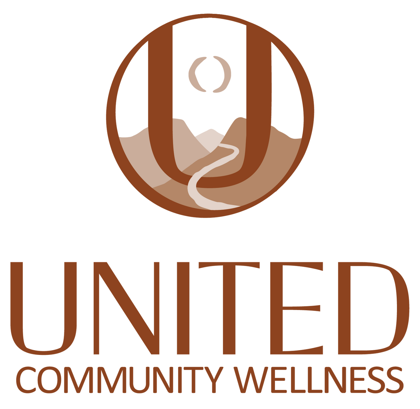 A circular logo with a mountain landscape, a winding river, and a crescent moon, featuring the text "United Community Wellness".