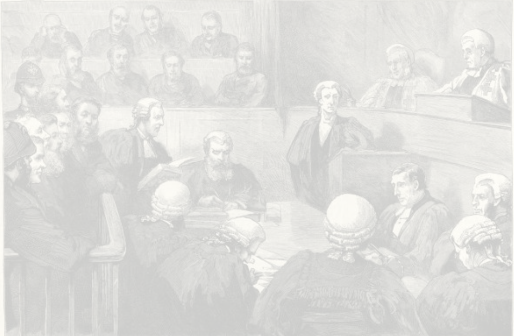 Historical courtroom scene with judges, lawyers, and observers
