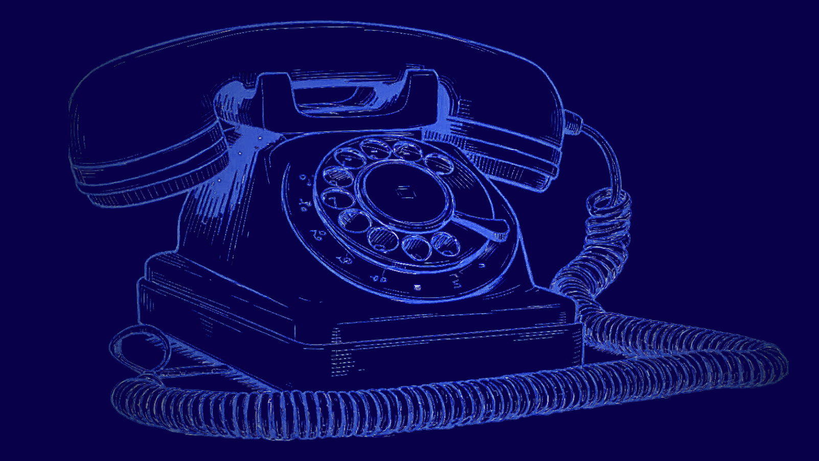 Blue digital outline of a vintage rotary telephone.