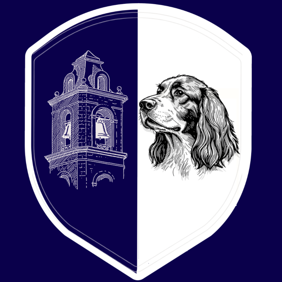 A shield-shaped emblem featuring a clock tower on the left and a detailed illustration of a dog on the right.