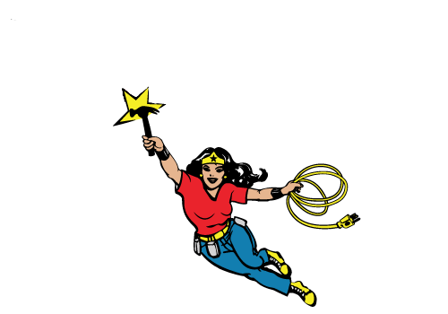 Illustration of Wonder Woman flying with her lasso and tiara in hand.