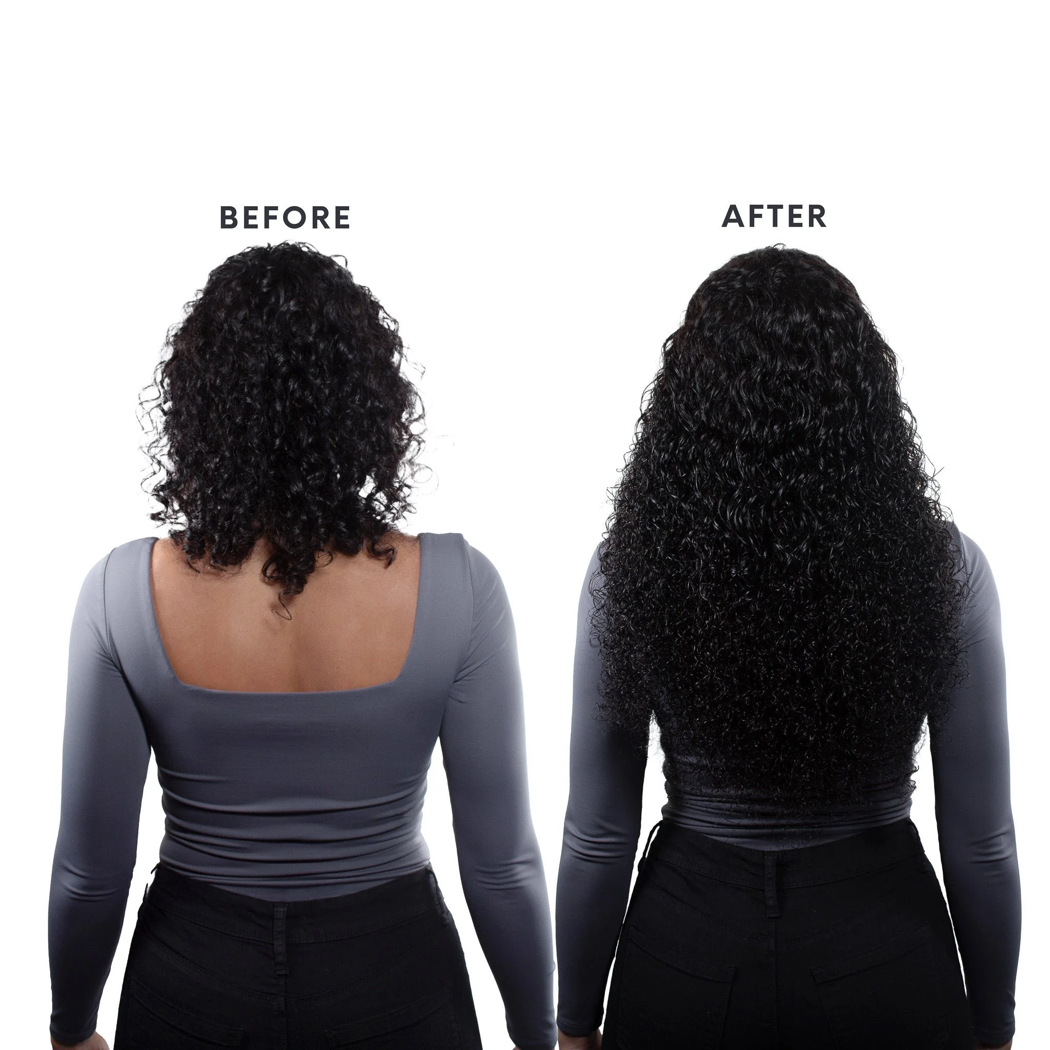 Curly weft hair extensions before and after transformation with added length and volume, seamless blend for natural curls at Salon Eighty8 in Pilsen, Chicago.