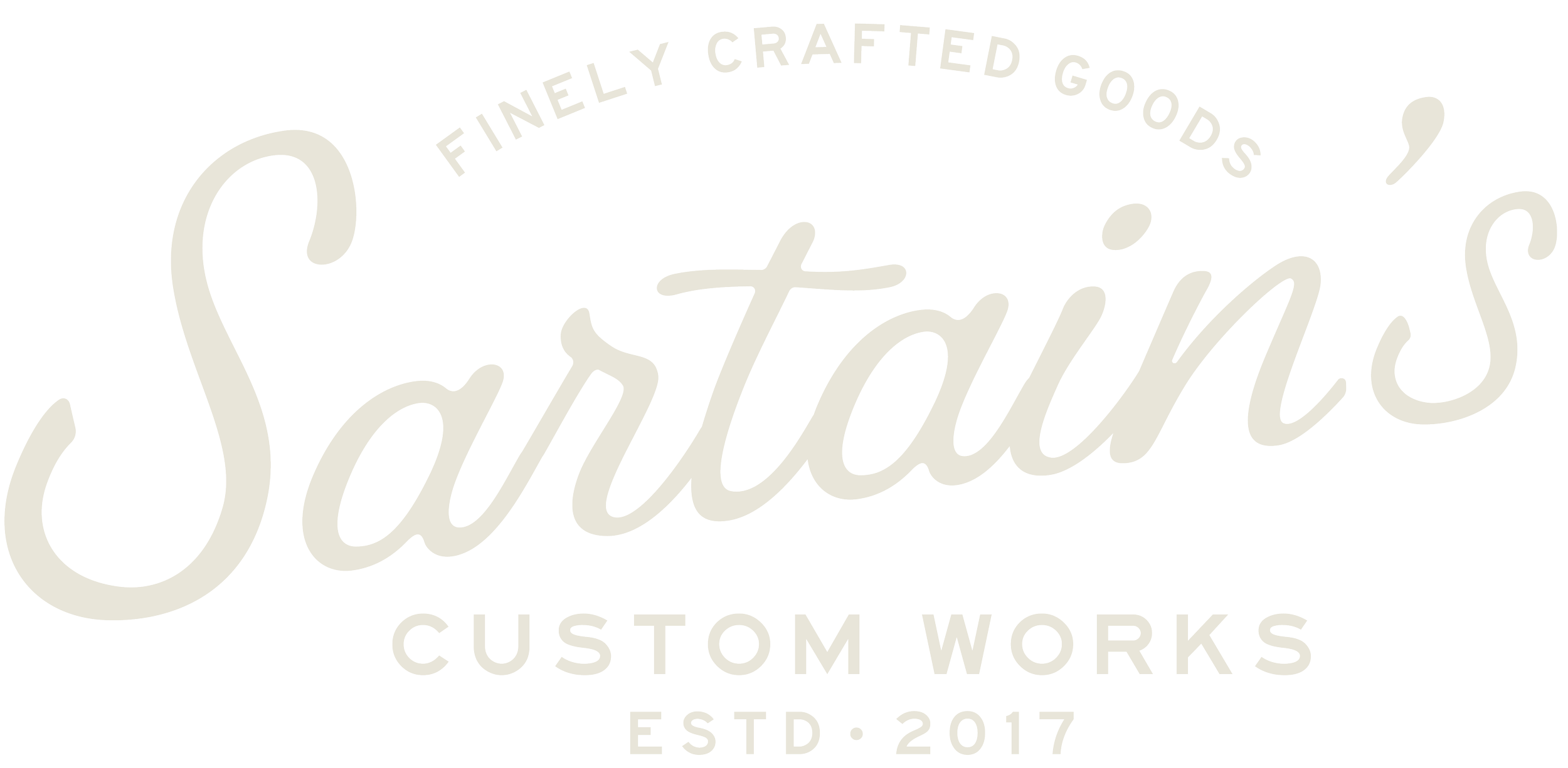 Logo of Sartain's Custom Works featuring stylized cursive text and slogan 'Finely crafted goods' above, with 'Custom Works' and 'Est. 2017' below.