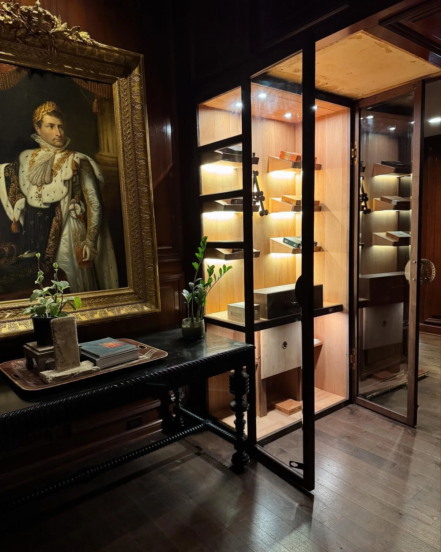 A decorative room with a large framed portrait of a historical figure in regal attire, a dark wooden table with potted plants and books, and a modern wooden bookshelf with lighting behind a glass door.