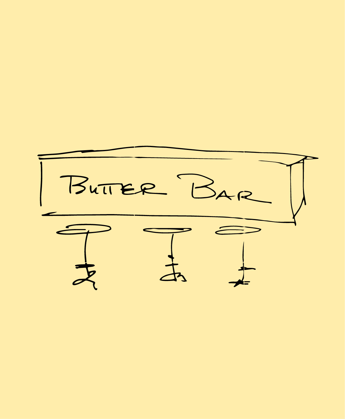Hand-drawn sketch of a stick of butter known as 'Butter Bar' with three stools.