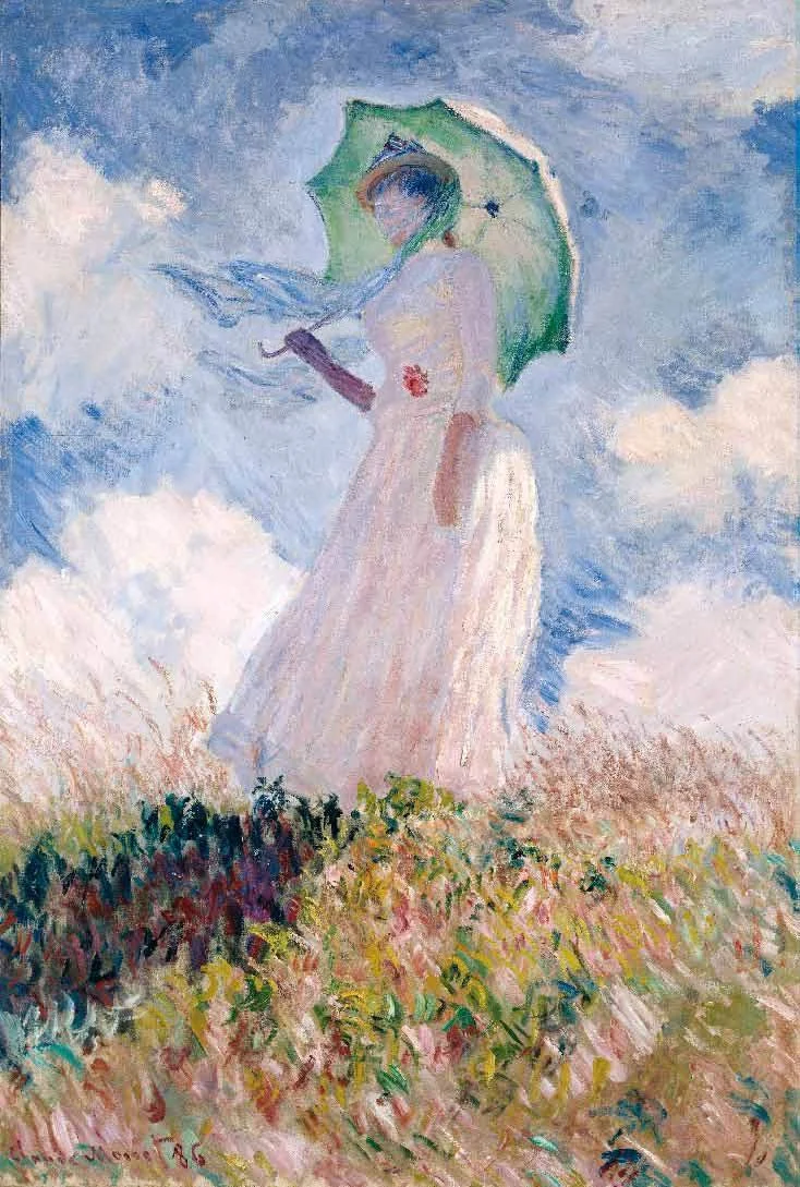 Claude Monet's painting "Woman with a Parasol," depicting a woman in a white dress holding a green parasol on a windy hillside.