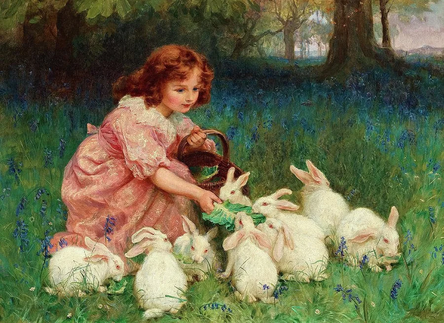 Frederick Morgan's painting "Feeding the Rabbits," depicting a young girl in a pink dress kneeling among bluebells in a forest clearing, feeding cabbage leaves to a group of white rabbits.