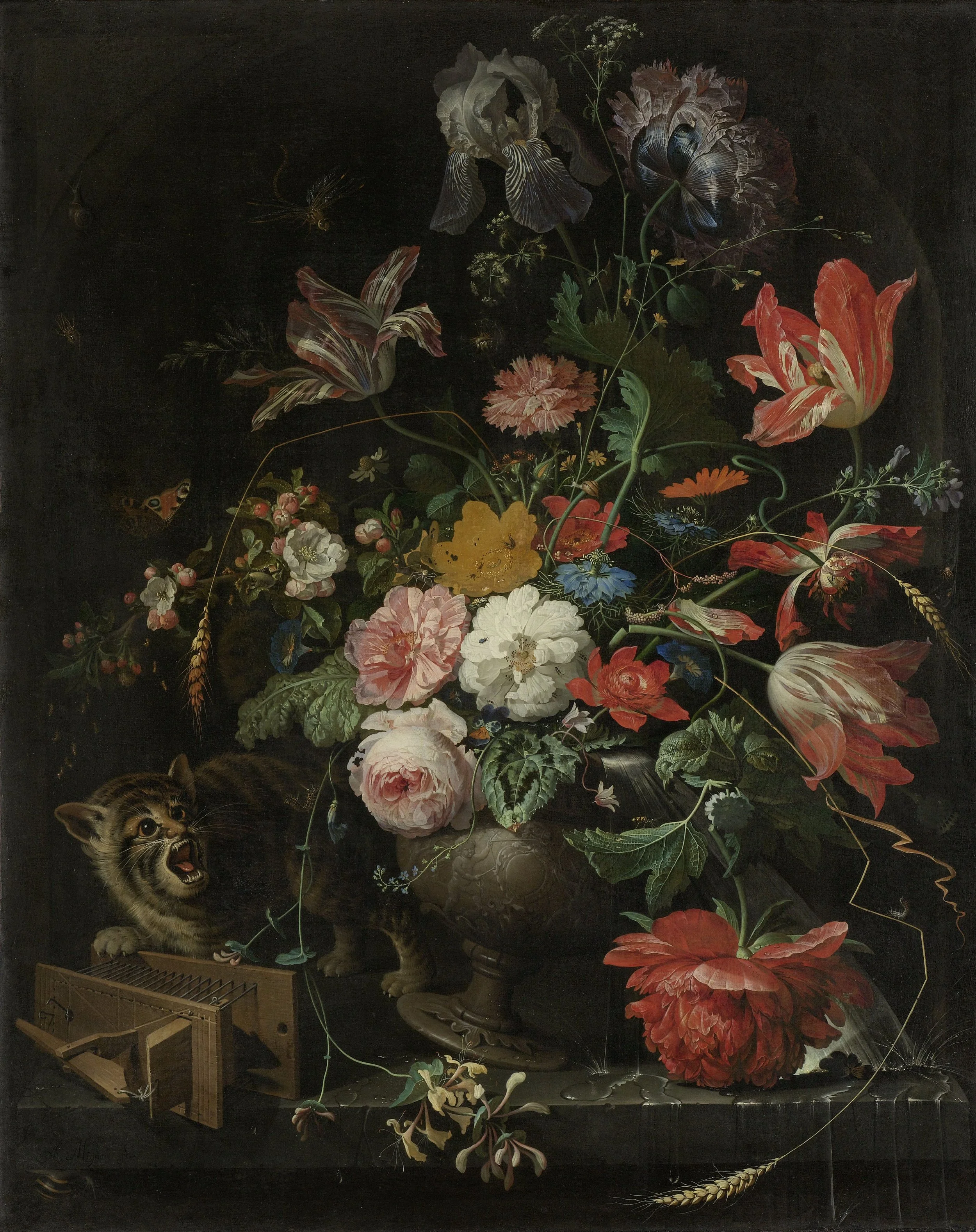 Abraham Mignon's painting "The Overturned Bouquet," depicting a snarling tabby cat beside an overturned vase of roses and tulips, with scattered flowers, spilled water, and a broken birdcage on a dark stone ledge.
