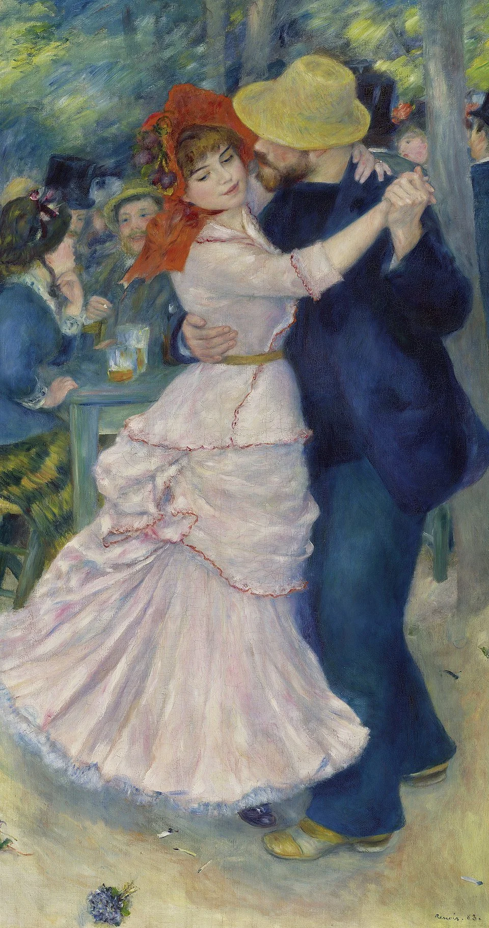Pierre-Auguste Renoir's painting "Dance at Bougival," depicting a couple dancing closely outdoors, the man in a yellow hat gazing down at the woman in a white dress and red bonnet.