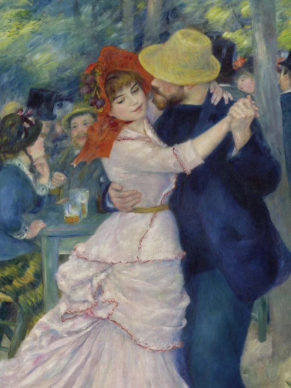 Pierre-Auguste Renoir's painting "Dance at Bougival," depicting a couple dancing closely outdoors, the man in a yellow hat gazing down at the woman in a white dress and red bonnet.