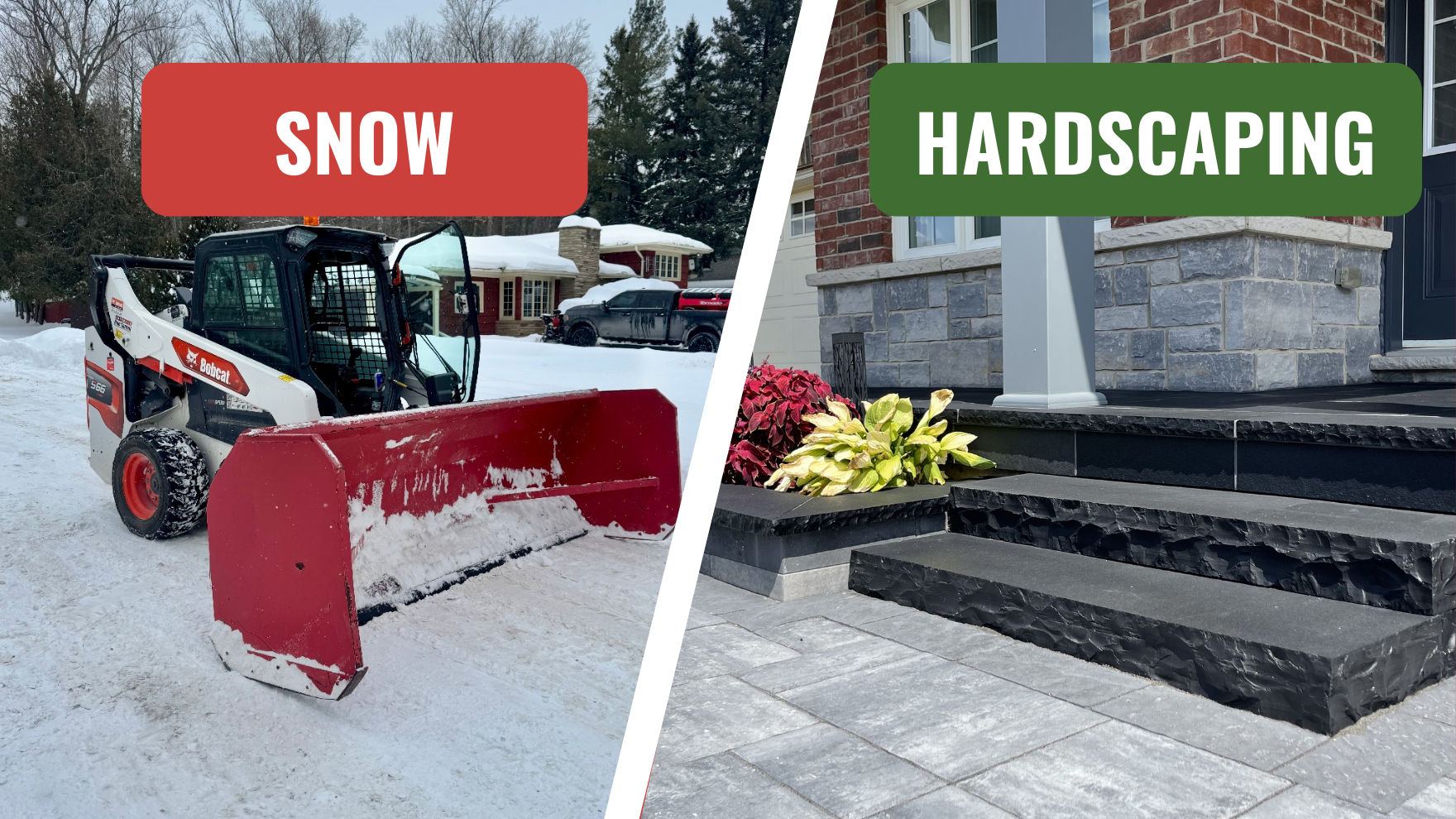 Split image showing snow removal equipment on the left and a landscaped front porch with stairs on the right.