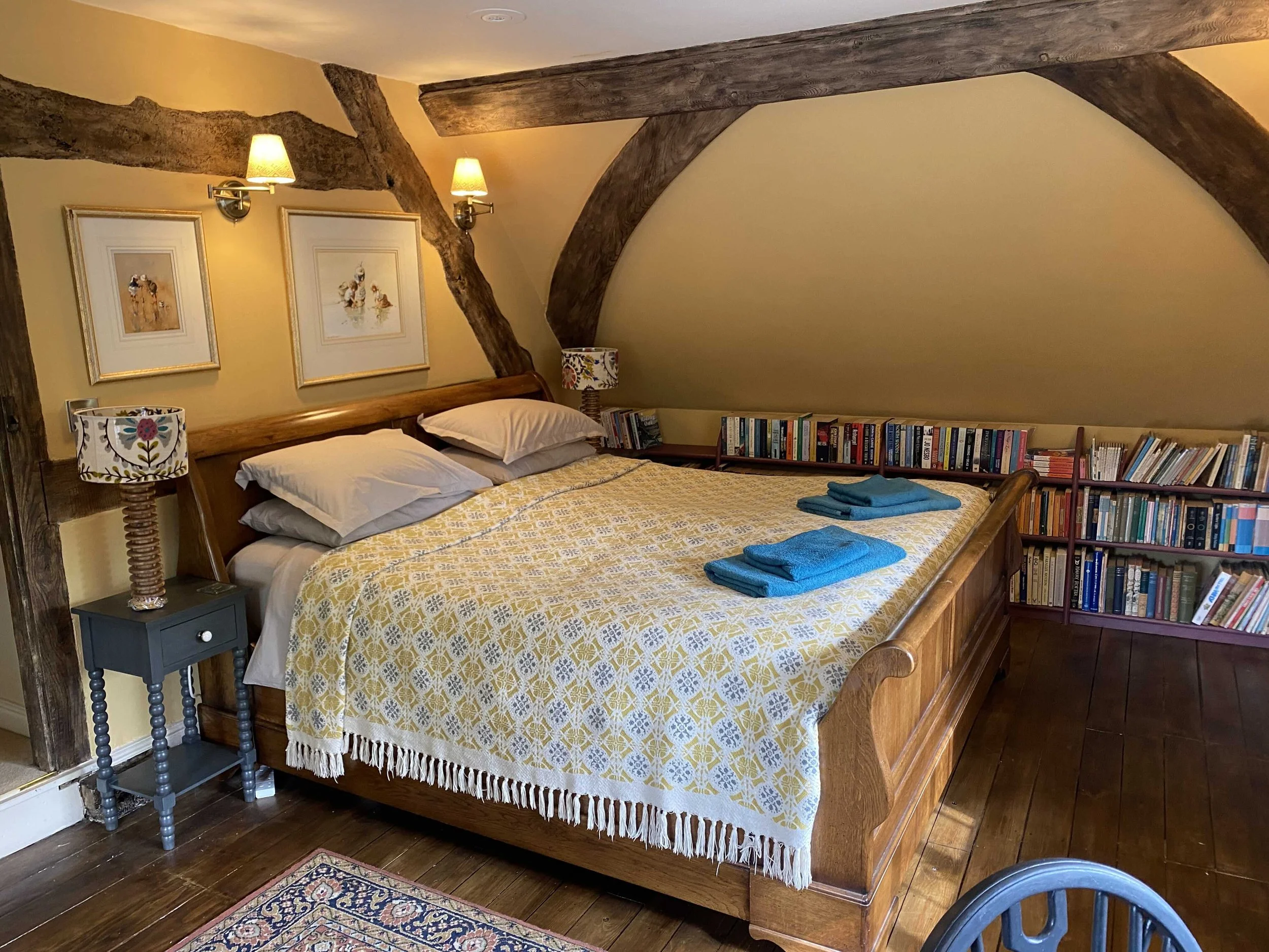 The yellow bedroom sleigh bed is super comfortable