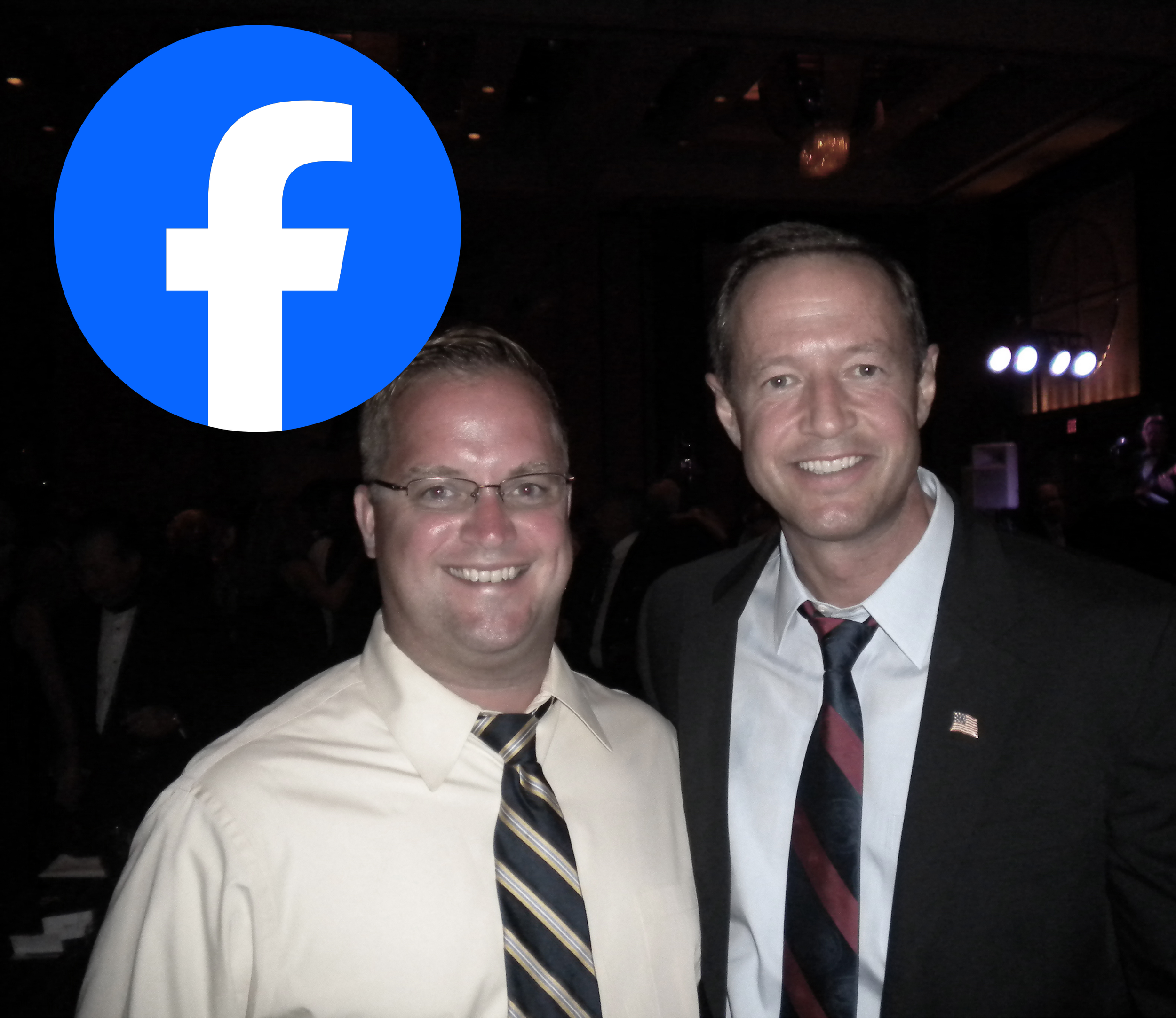 Two men in formal attire smiling at a social event, with a Facebook logo overlay in the top left corner.