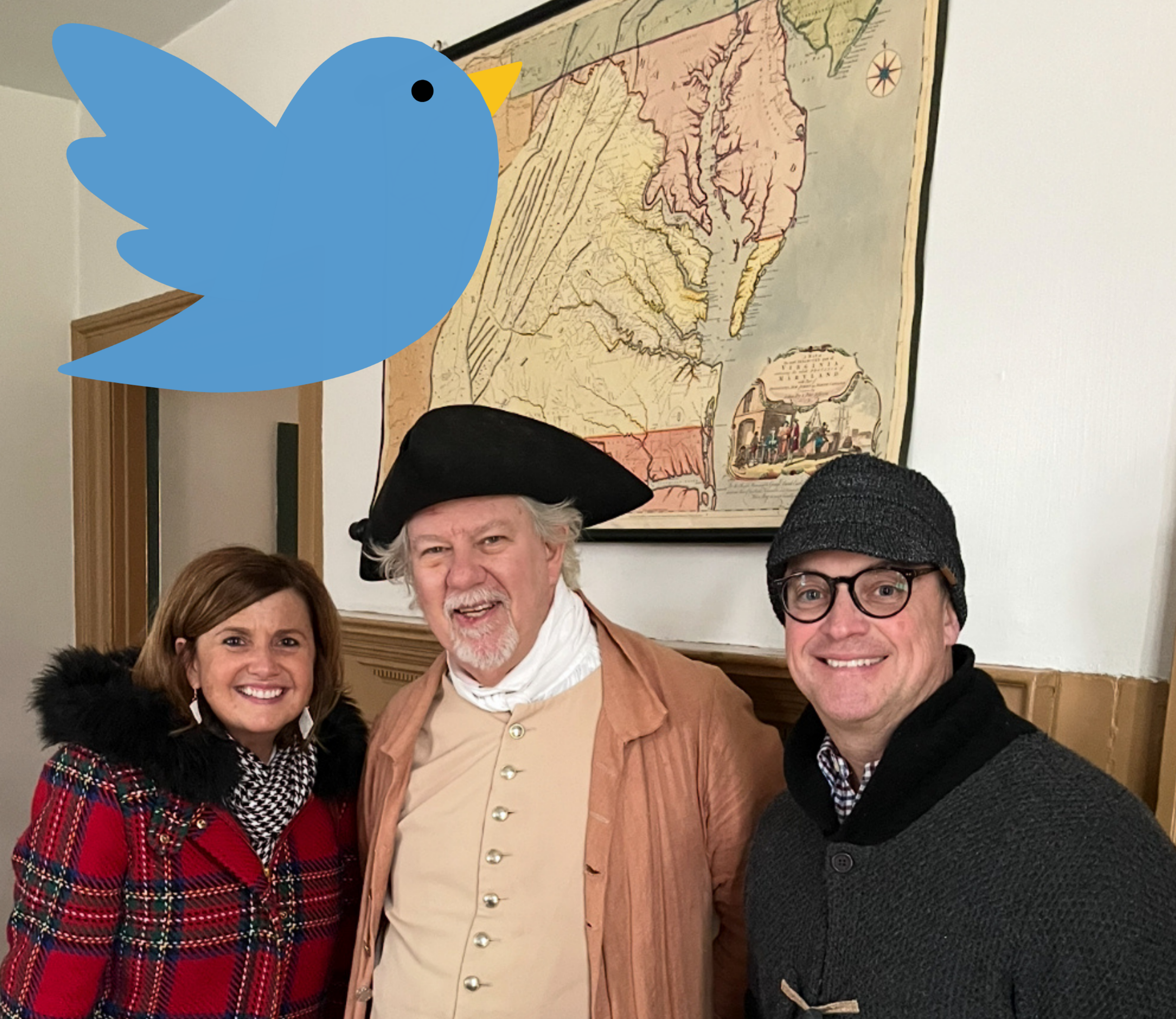 From right to left: State Senate Candidate Bill Geibler (D), a costumed employee at colonial Williamsburg, and Keri Geibler.