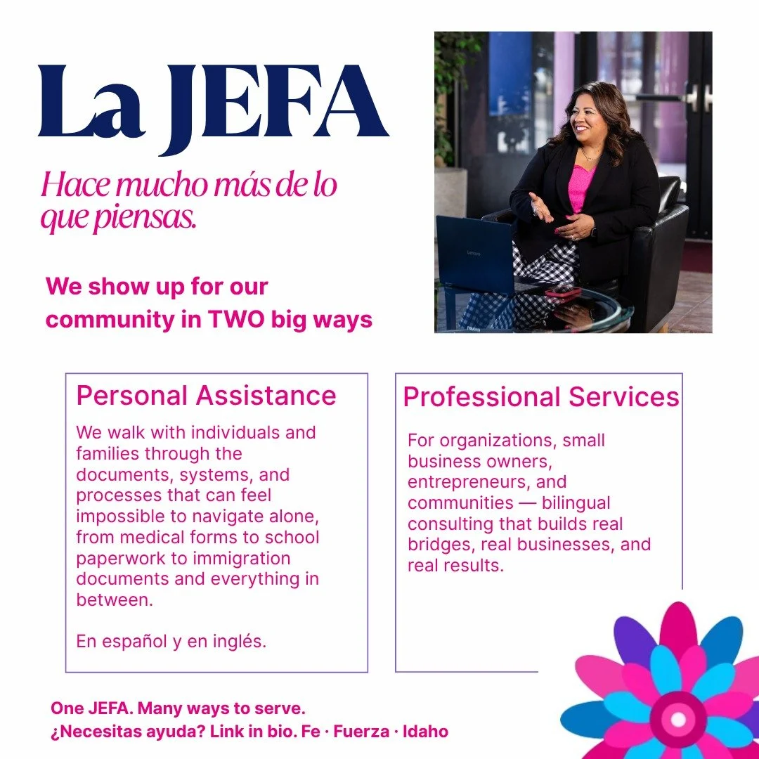 La JEFA hace mucho m&aacute;s de lo que piensas. 

We show up for our community in TWO big ways:

PERSONAL ASSISTANCE
We walk with individuals and families through the documents, systems, and processes that can feel impossible to navigate alone &mdas