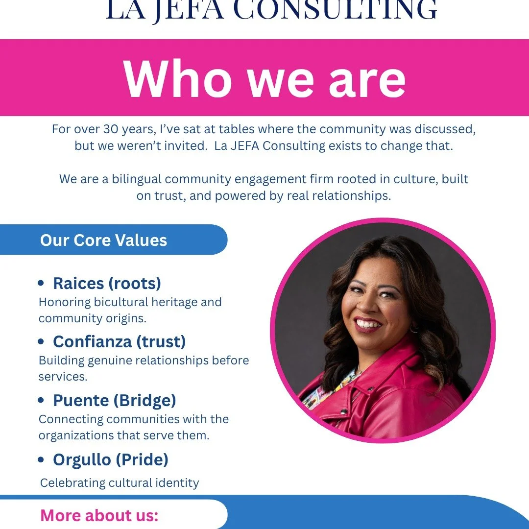 Follow and share

#lajefaconsulting #communityengagement #bilingualconsulting #rootedinculture #supuentesuvoz