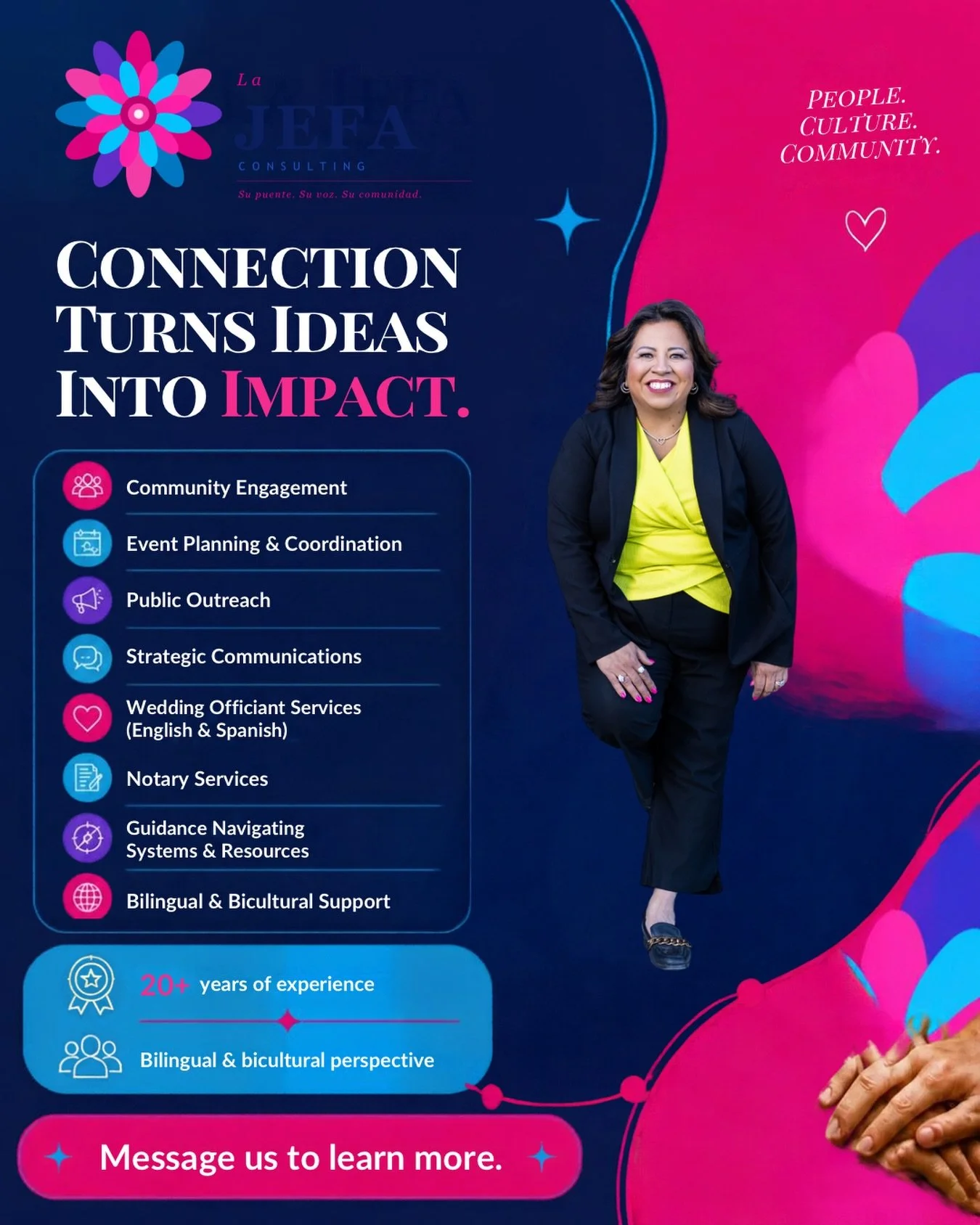 Looking for a partner who understands the power of connection? 

La Jefa Consulting is here to help individuals, families, businesses, and organizations navigate opportunities and achieve their goals.

✅ Community Engagement
✅ Event Planning &amp; Co