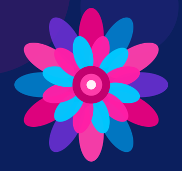 Colorful geometric flower design with pink, blue, purple, and magenta petals on a dark background.