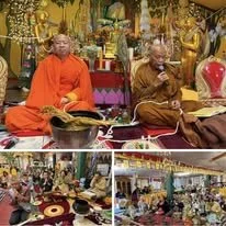 Two monks in orange and brown robes meditate and pray in a decorated temple, with artifacts and decorations. The bottom photos show speakers, drums, and other items used in a religious ceremony.