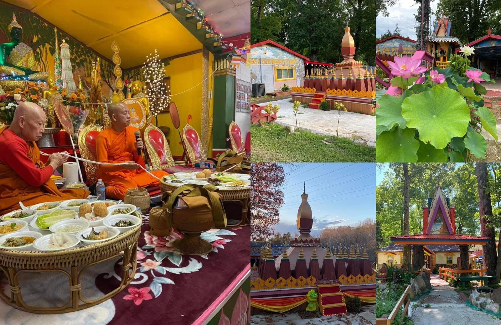 A collage of five photos from a traditional Buddhist ceremony, including monks performing rituals, a decorated temple courtyard with stupas, blooming pink lotus flowers, and a pathway leading to a temple entrance surrounded by trees.