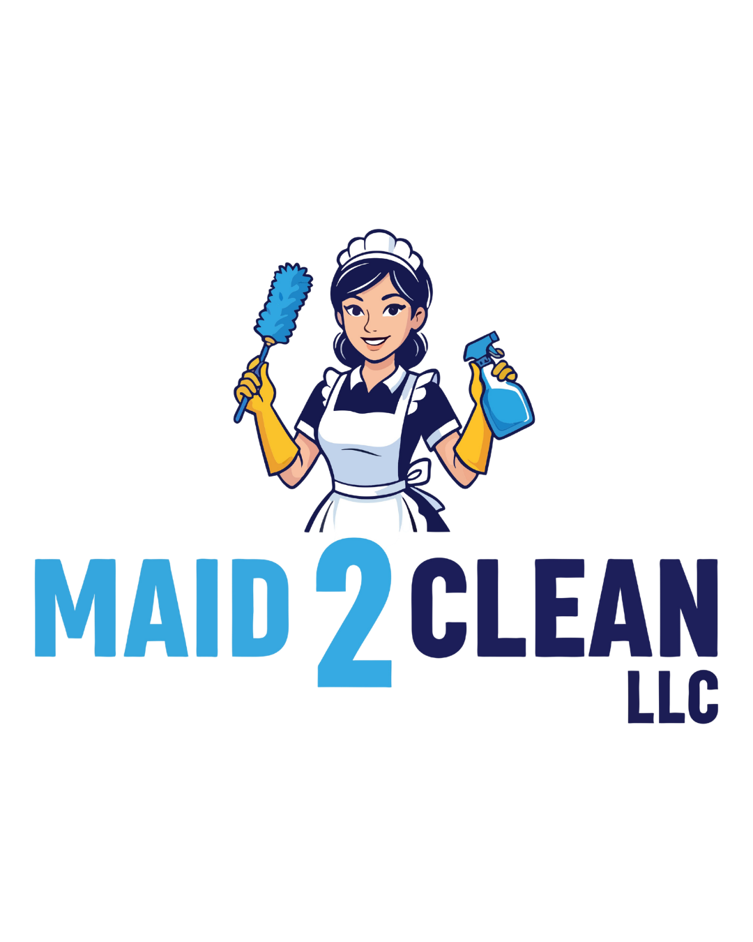 Logo of Maid 2 Clean LLC featuring a maid holding a duster and spray bottle, with the company name in blue and black text.