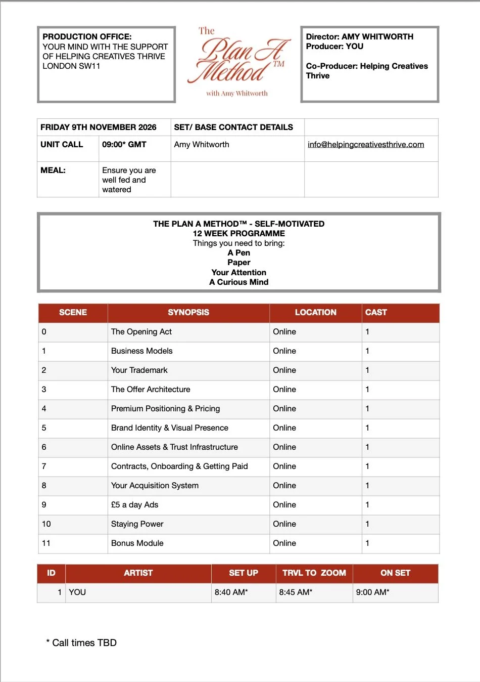 Schedule for a self-motivated 12-week online workshop titled 'Plan A Method' with Amy Whitworth, including contact details, program outline, session list, and setup times.
