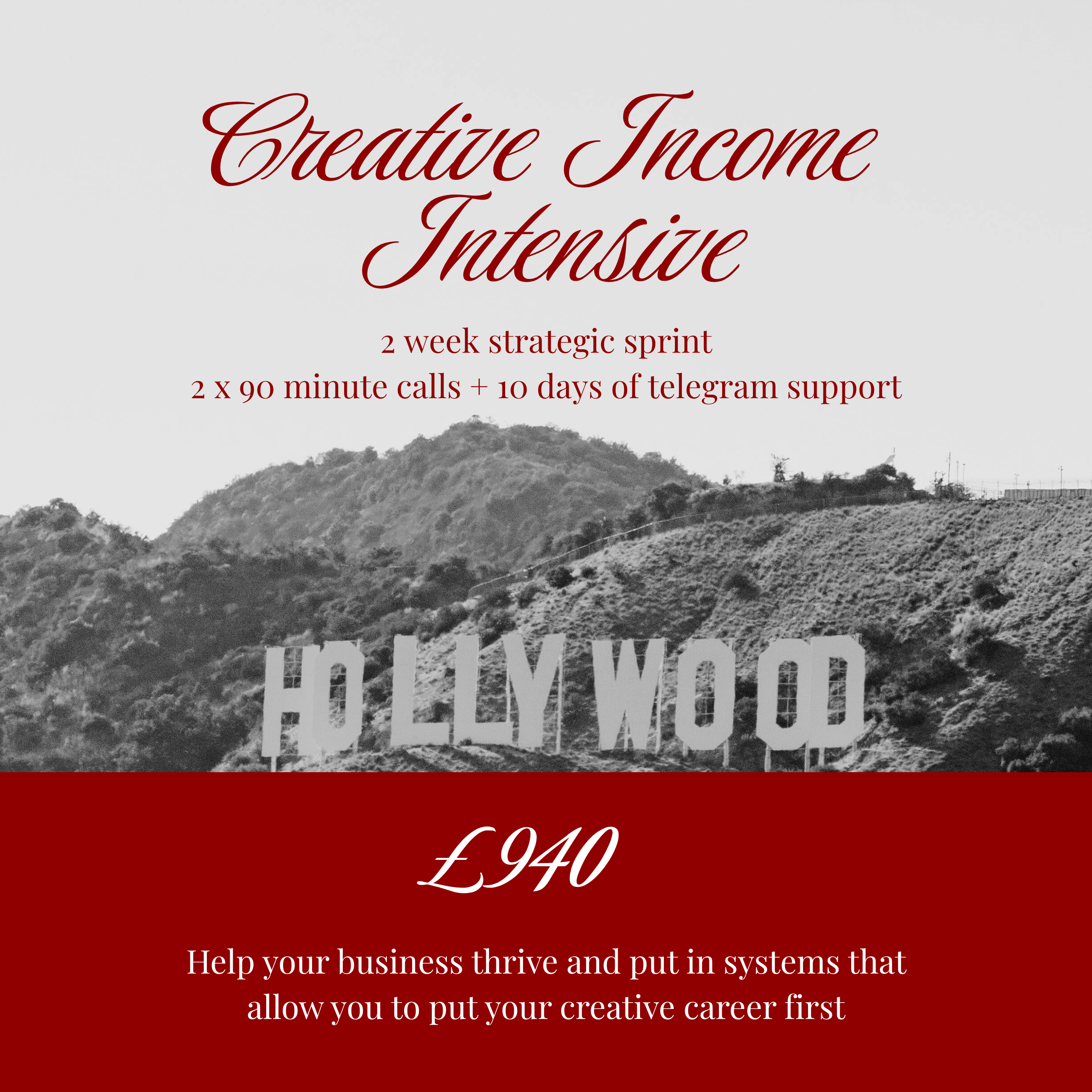 CREATIVE INCOME INTENSIVE - 

A bespoke 1:1 coaching container. We audit, rebuild and launch your income stream together. Two weeks of focused, tailored support.