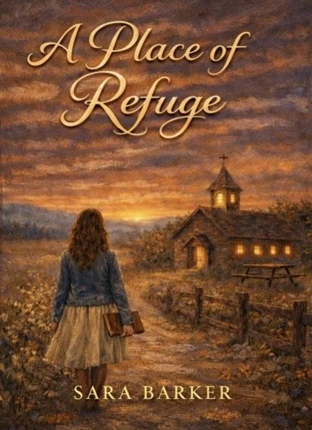 Christian book cover A Place of Refuge by Sara Barker showing a girl walking toward a church at sunset