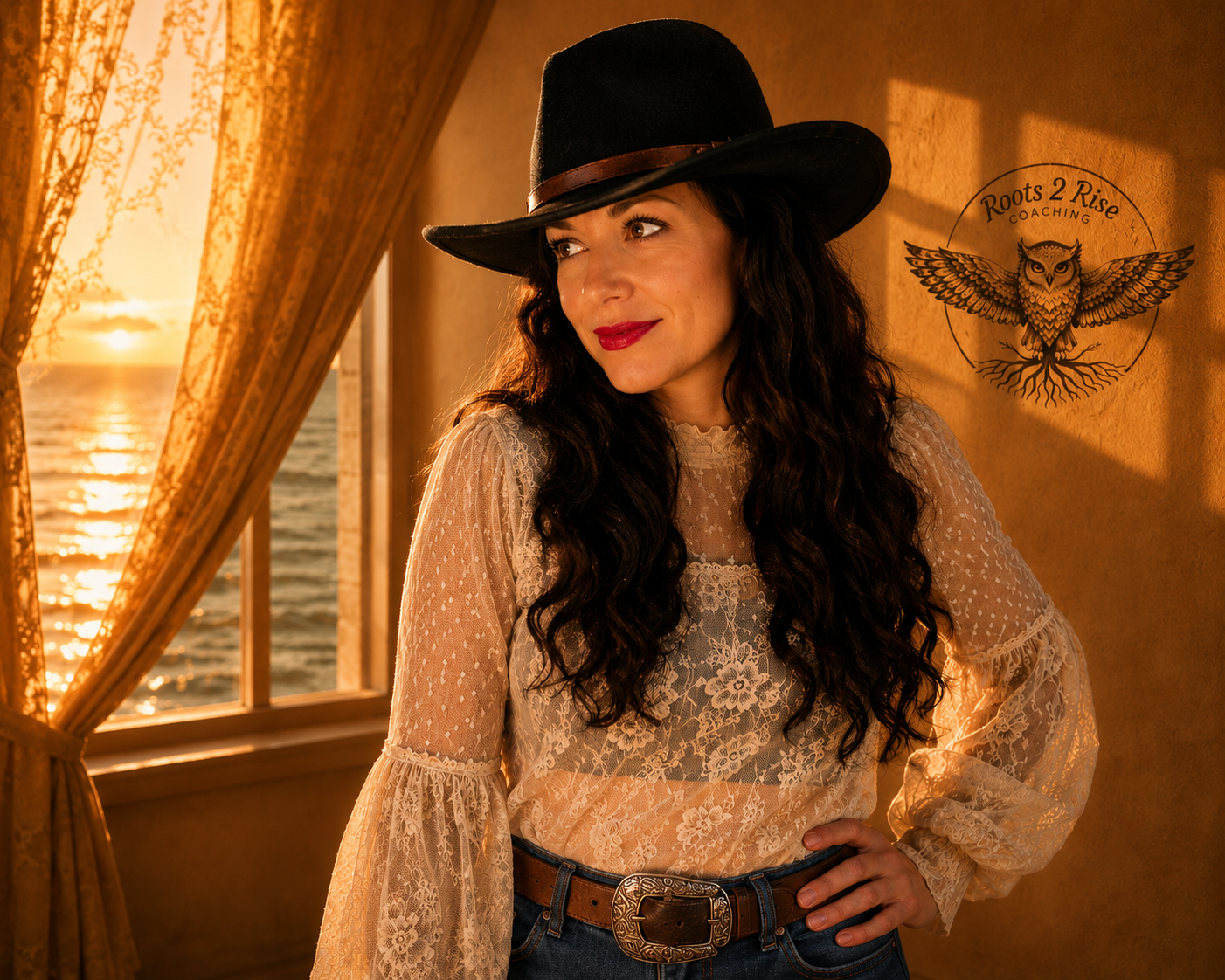 A woman with long curly dark hair wearing a wide-brimmed black hat and a lace blouse, standing indoors near a window with a sunset view over water, with a