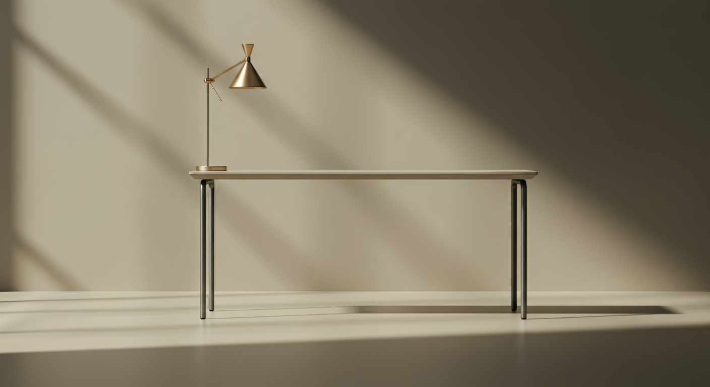 A minimalist desk with a small, modern gold desk lamp on the left side, casting diagonal shadows on a beige wall and surface.