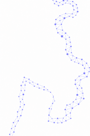 Illustration of a DNA double helix made of interconnected blue dots and lines on a white background.