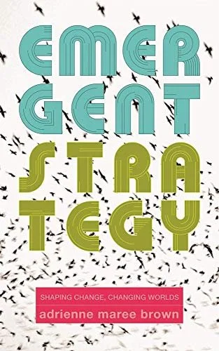 Book cover with the title 'Embracing Strategy' by Adrienne Maree Brown, featuring black bird silhouettes and a pink subtitle box.