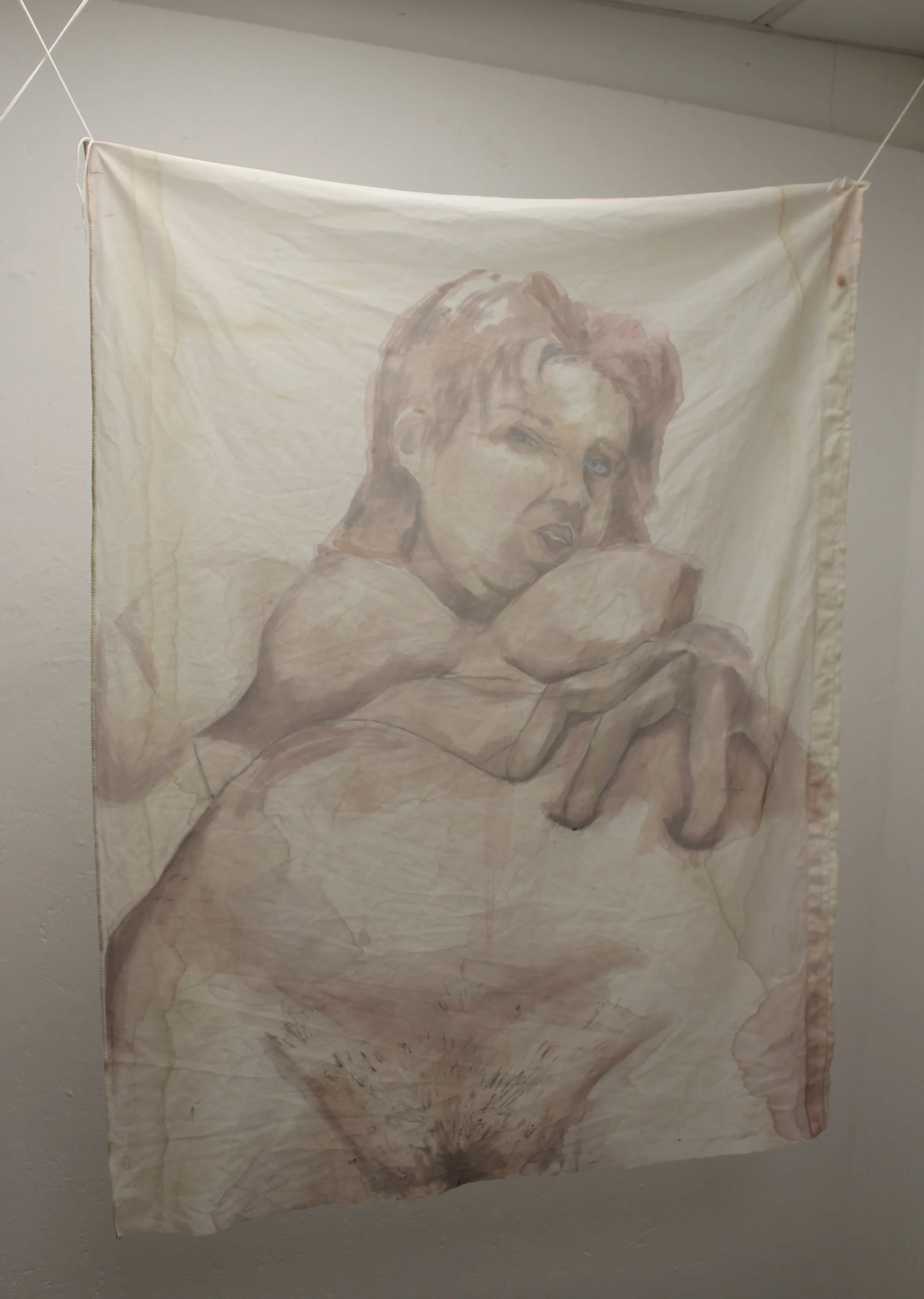 right side piece of diptych, holds her belly  on the viewers right, head leaning slightly to the right