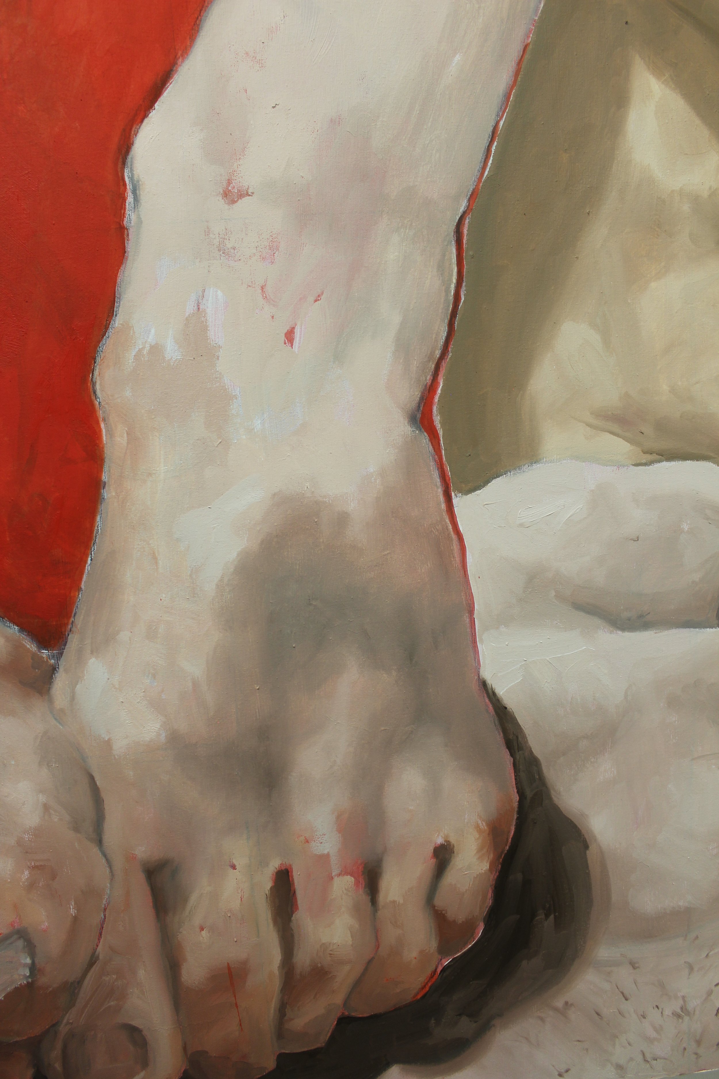 close up of right foot (viewers perspective), showing the artists interest in the anatomy of painting as the underpainting peeks through