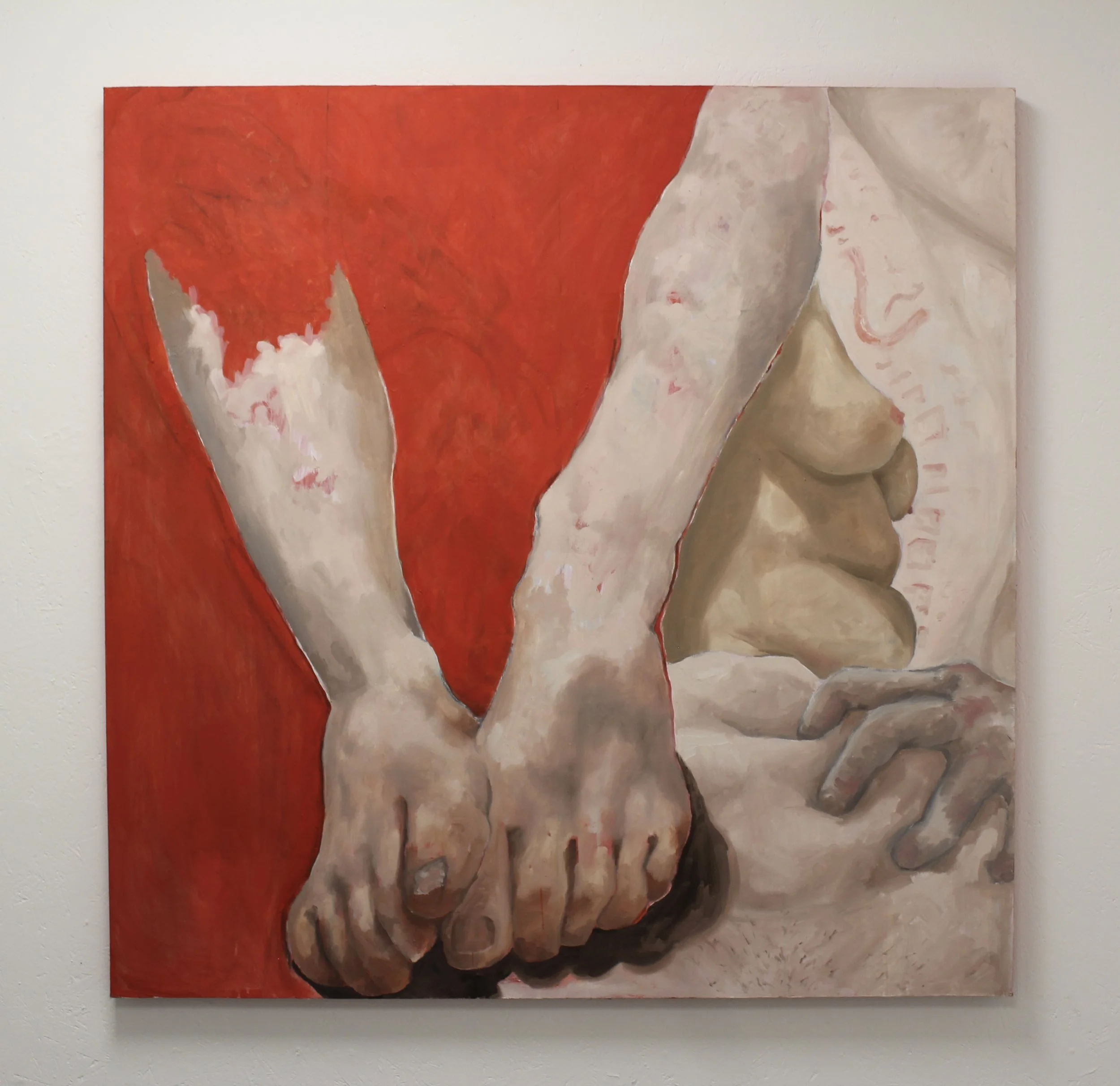 collage, oil painting depicting the female body. the right side depicts collaged folds of flesh, bordered by legs and feet which lean in to a vivid red/ orange background.
