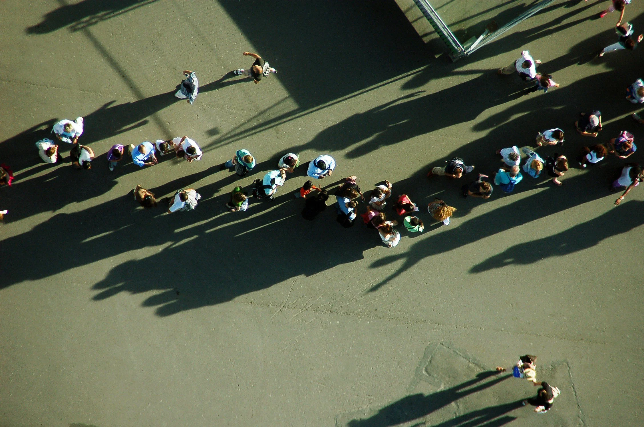 Aerial view of a group of people standing in line on a concrete surface, casting long shadows in sunlight.