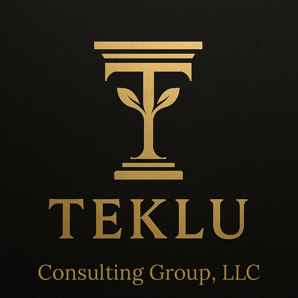 Logo with a gold column and plant design above the word 'TEKLU' in gold, and 'Consulting Group, LLC' below in smaller gold text on a black background.