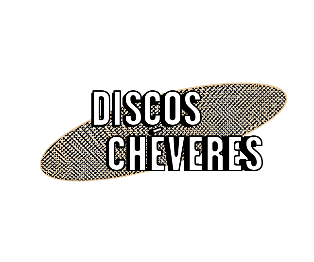 Letrero con texto que dice 'Discos Cheveres' en letras blancas, sobre fondo negro con formas ovaladas decorativas de puntos.